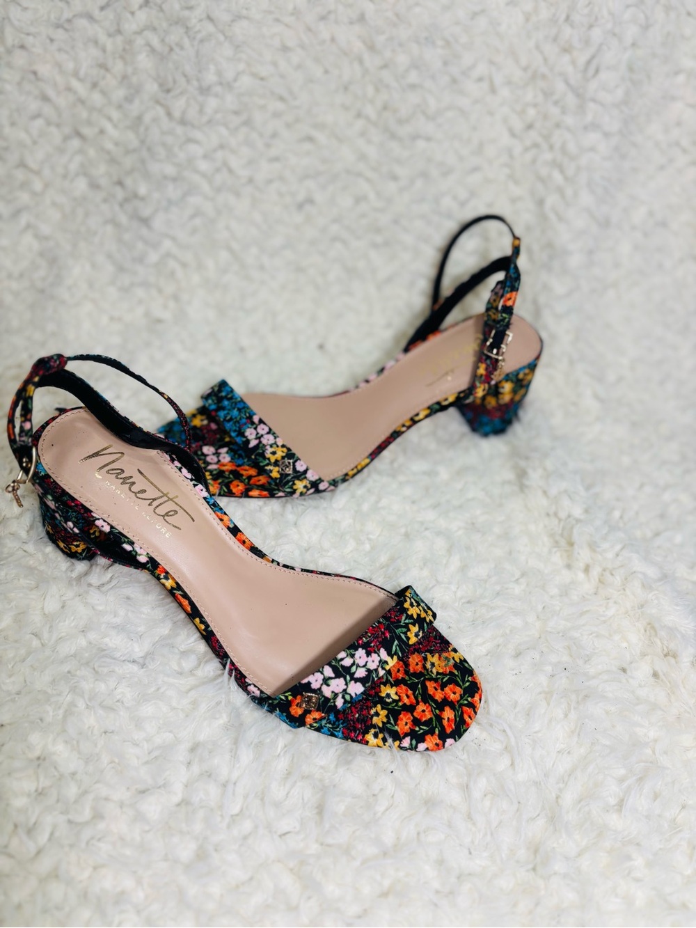 Nannette Floral Slingback Block Heel Sandals in Black, Orange, Yellow, Blue